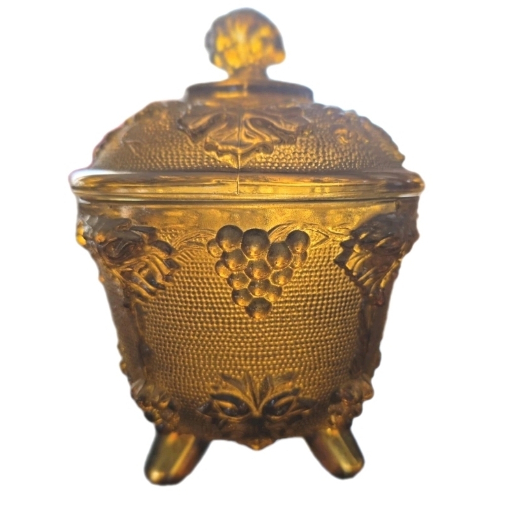 Amberina Carnival Glass Candy Dish & Lid Grapes by Jeanette Amber Glass Vintage